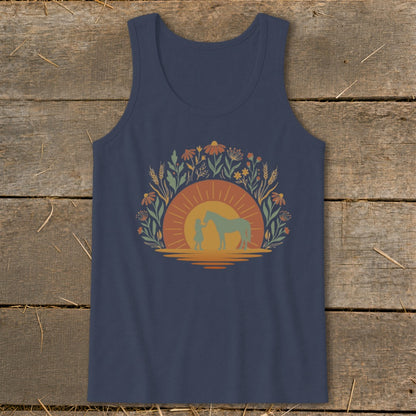 Dark blue tank top with a circular design of a girl and horse silhouetted against a sunset.