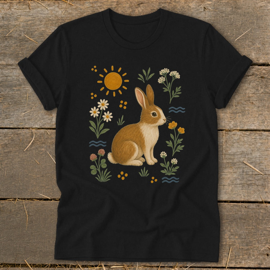 Black t-shirt with a brown and white bunny surrounded by flowers, sun, and waves.