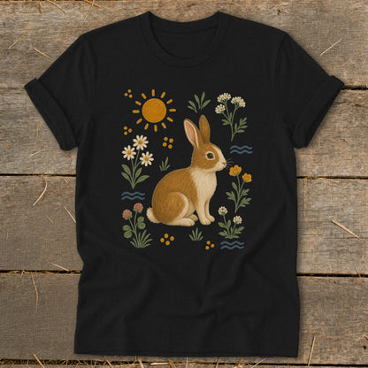 Black t-shirt with a brown and white bunny surrounded by flowers, sun, and waves.