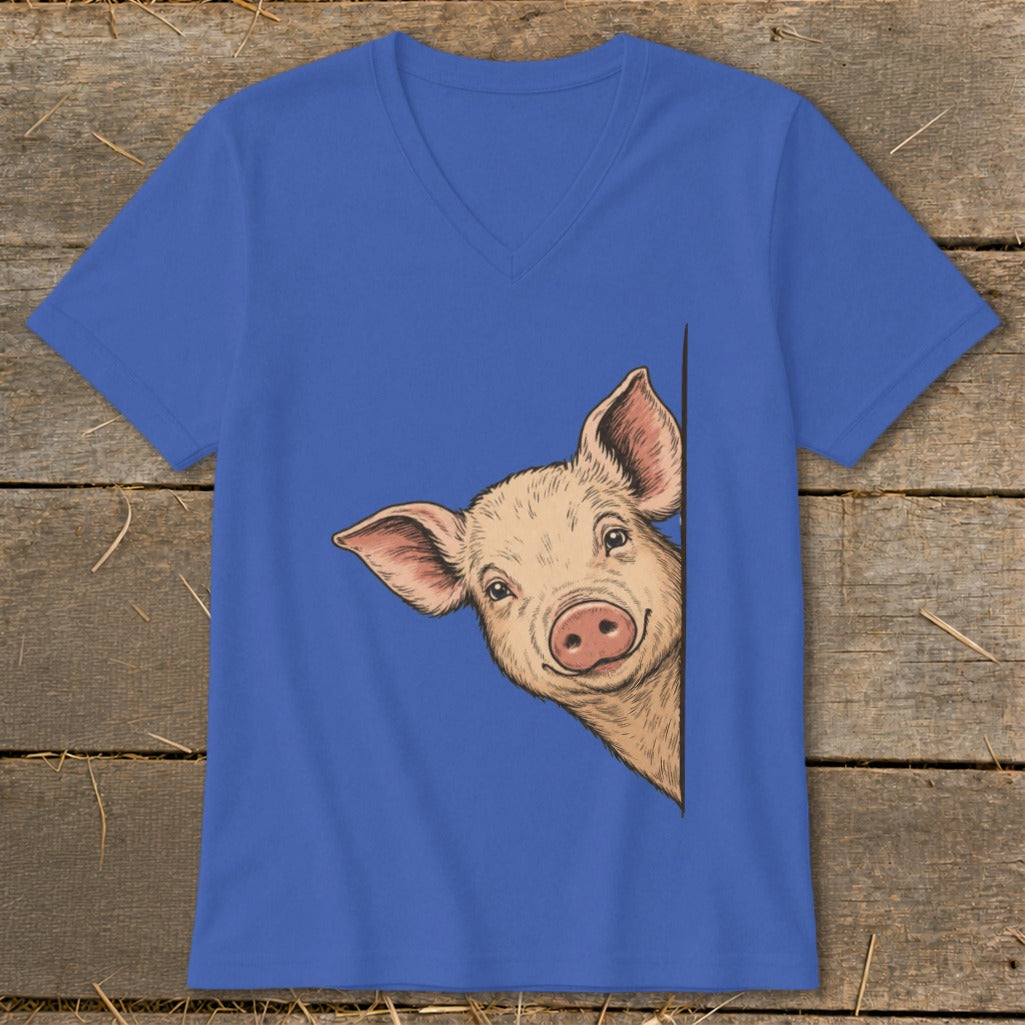 Blue v-neck t-shirt with a drawing of a peeking pig on the front.
