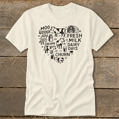 Creamy Dairy Days Moo Udder Joy Churn heart graphic with cows, barn, and milk jug.