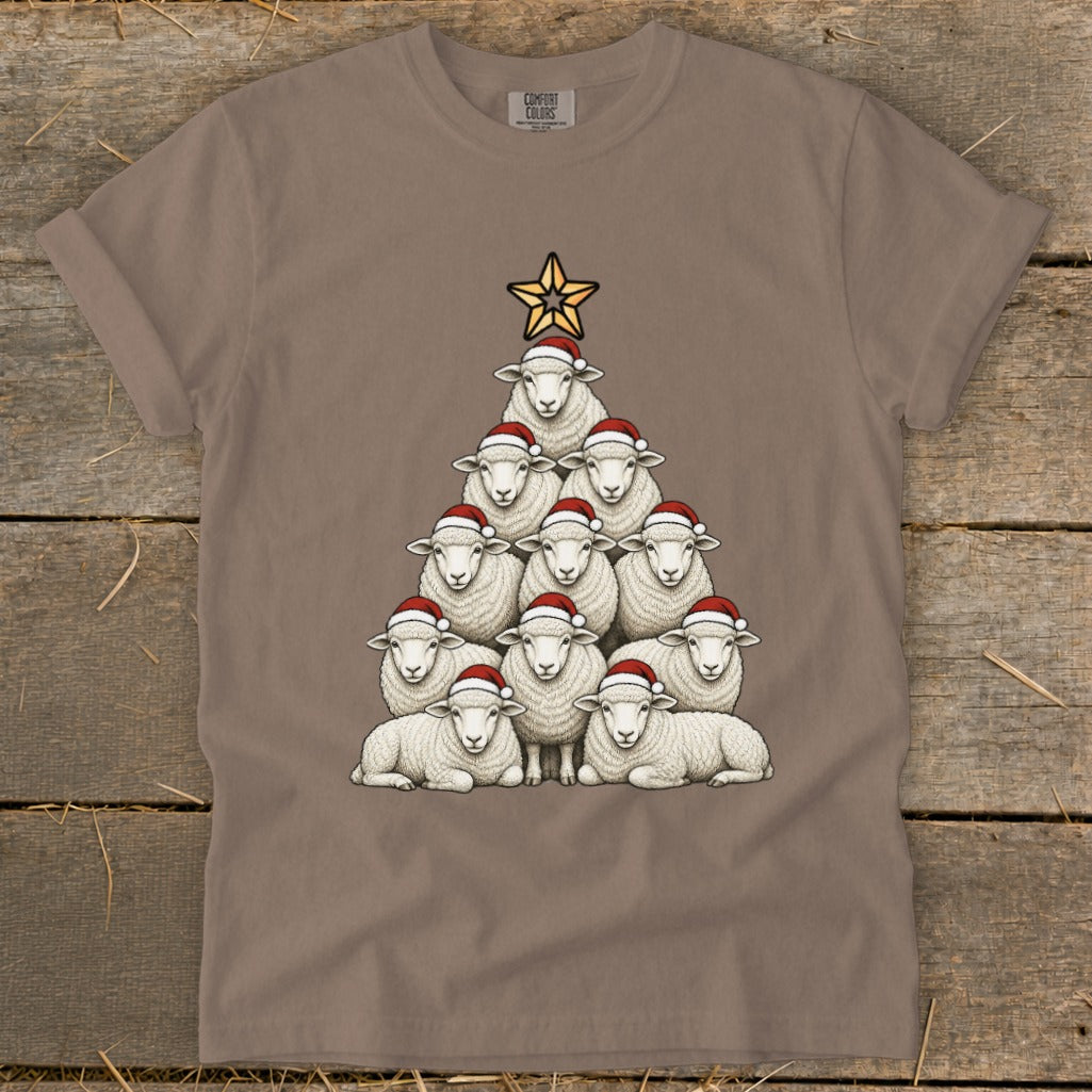 T-shirt with sheep arranged like a Christmas tree, wearing Santa hats.