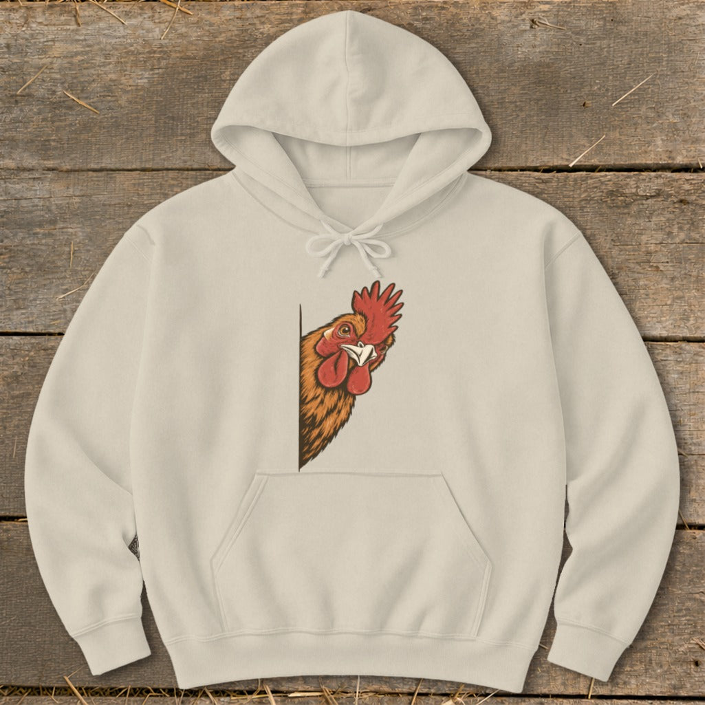 Light tan hoodie with a peeking rooster graphic on the left side.