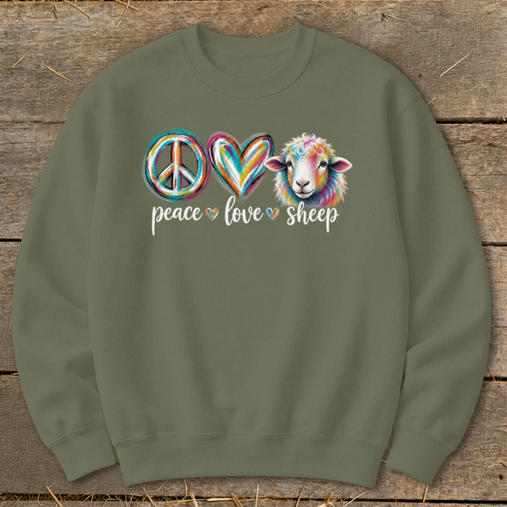 Green sweatshirt with "Peace Love Sheep" text and icons.