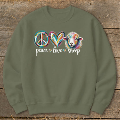 Green sweatshirt with "Peace Love Sheep" text and icons.