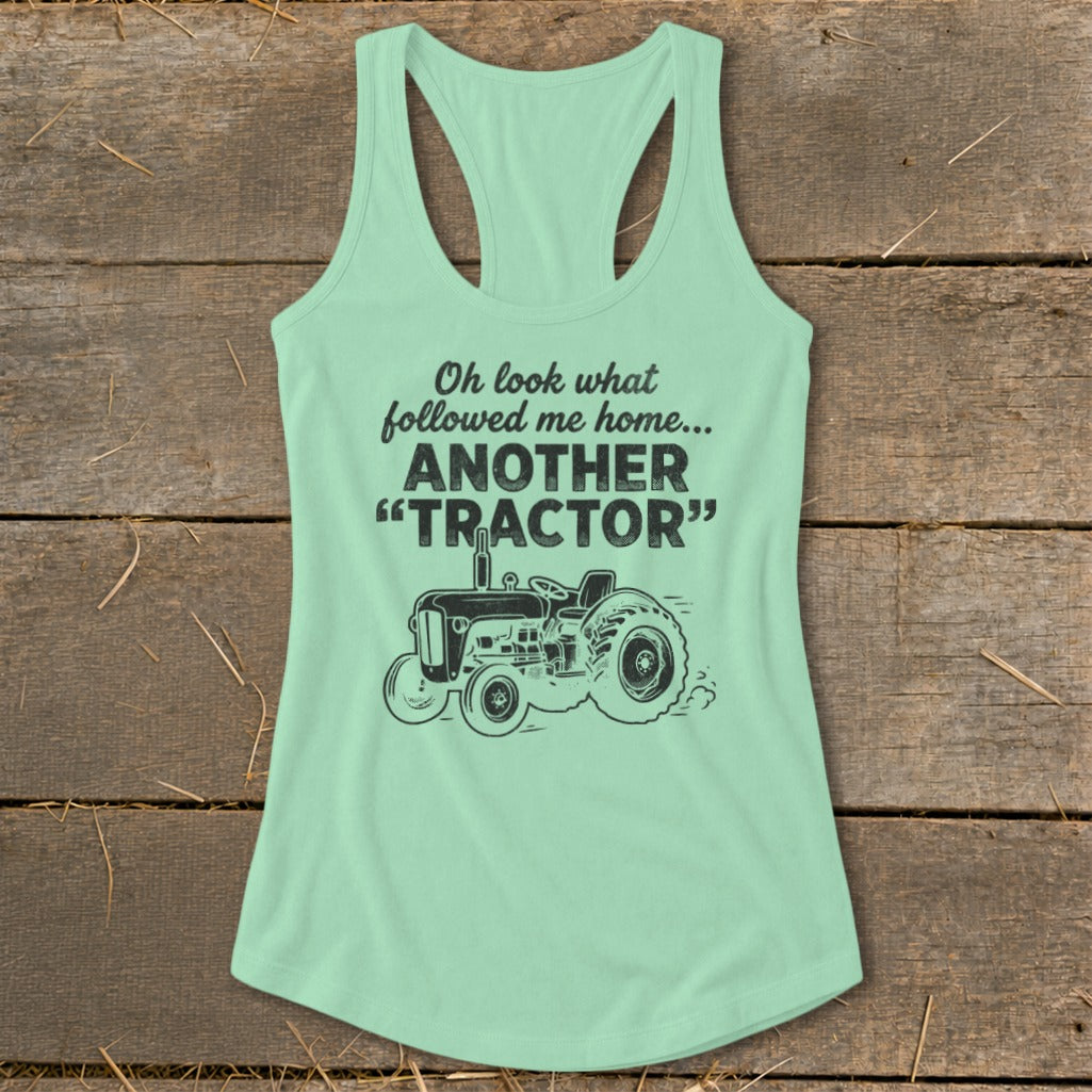 Light green tank top with text and a tractor graphic.