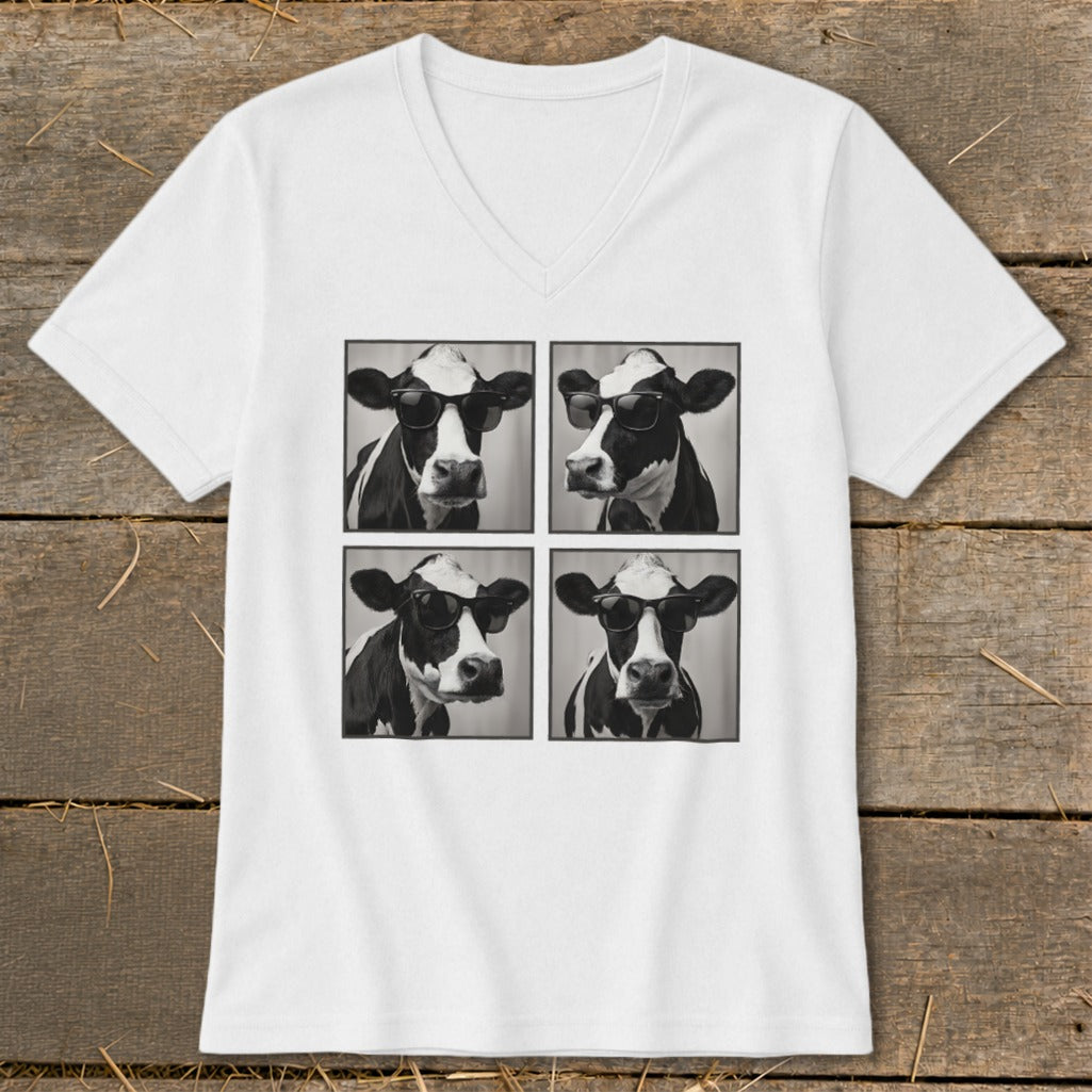 White v-neck t-shirt with four black and white images of cows wearing sunglasses.