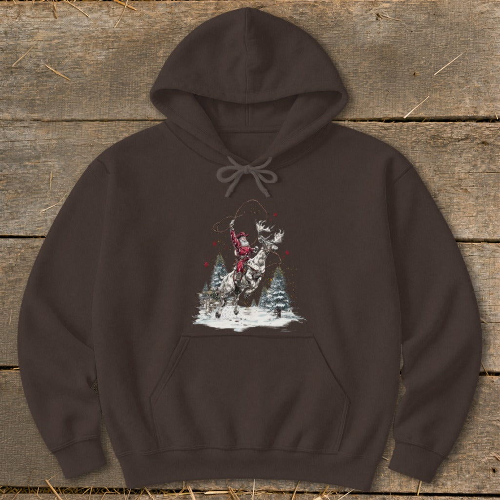 Brown hoodie with Santa riding a reindeer and throwing a lasso.