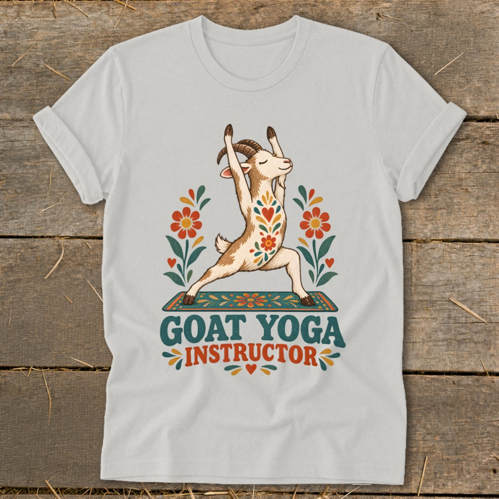 A goat in a yoga pose on a mat with floral accents and "GOAT YOGA INSTRUCTOR" text.