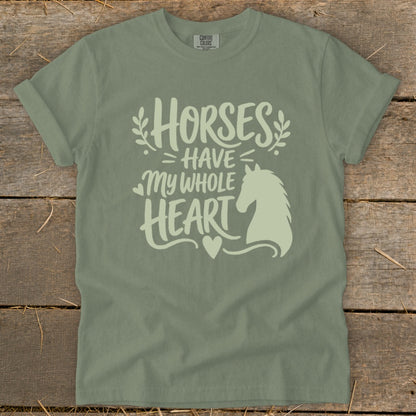 Green t-shirt with "Horses Have My Whole Heart" text and horse silhouette graphic.