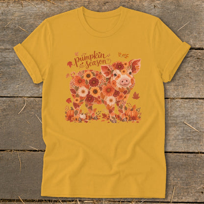Pig made of flowers with "Pumpkin Season" text and autumn leaves.
