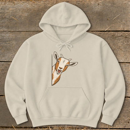 Cream hoodie with a cartoon goat peeking from the side.