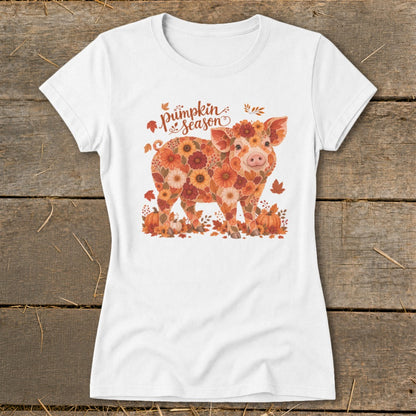 White t-shirt with a floral pig graphic and "pumpkin season" text.