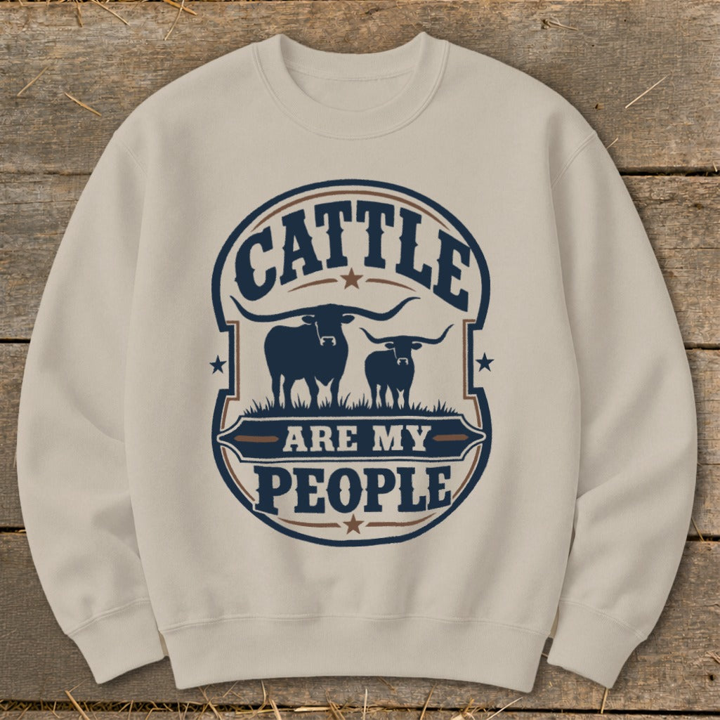 Crewneck sweatshirt with a circular graphic that reads "Cattle are my people."