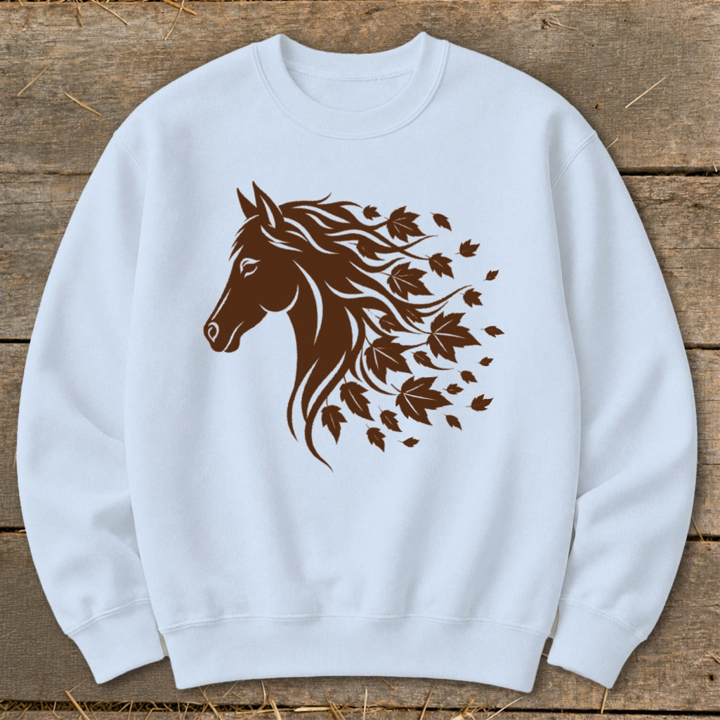 White sweatshirt with brown horse head and falling leaves graphic.
