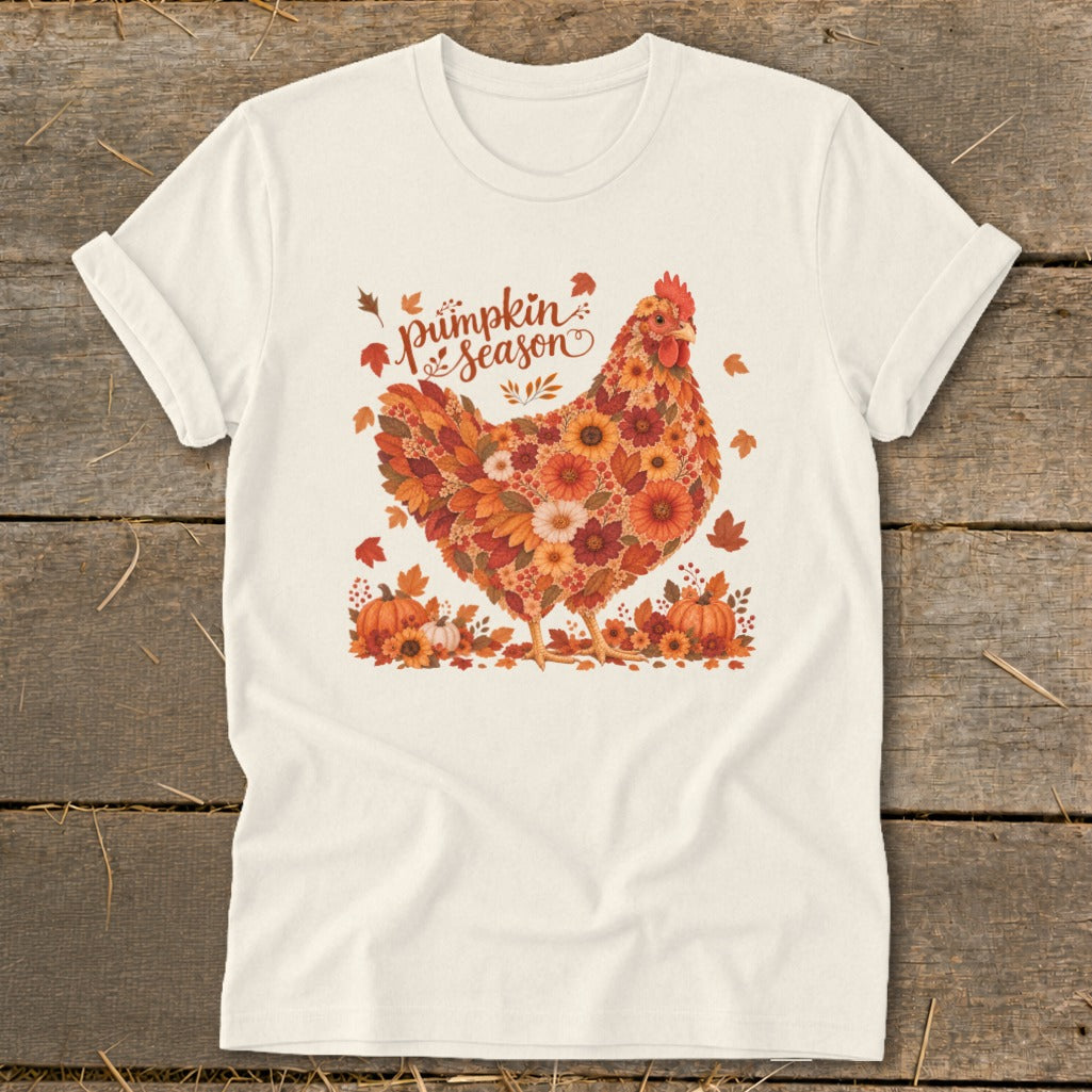 Cream t-shirt with a floral chicken and "Pumpkin Season" text.