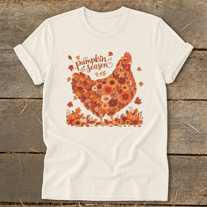 Cream t-shirt with a floral chicken and "Pumpkin Season" text.