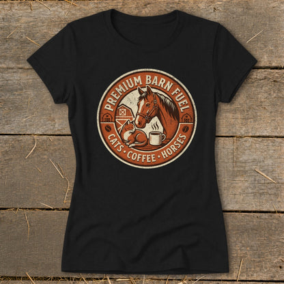 Black t-shirt with circular barn graphic featuring horse, cat, and coffee cup.