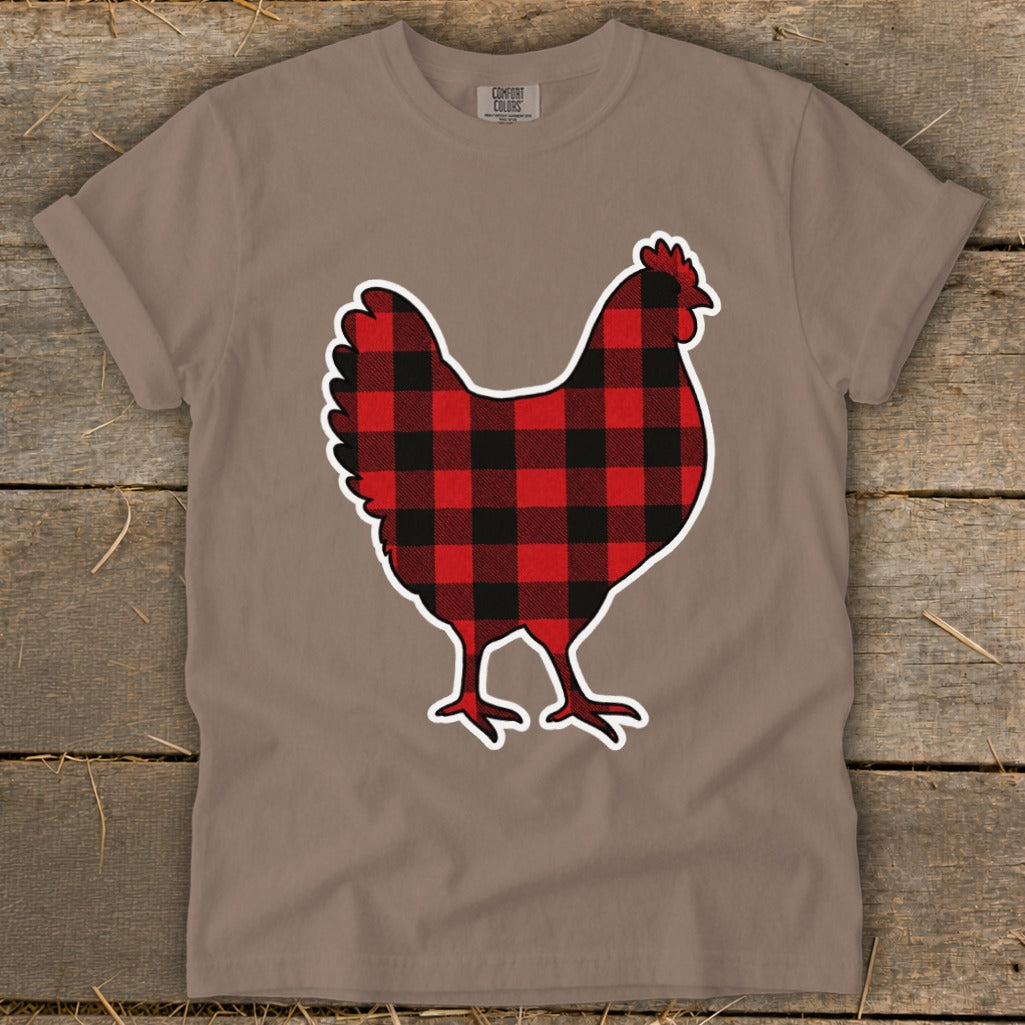 Brown t-shirt with a red and black buffalo plaid chicken graphic.