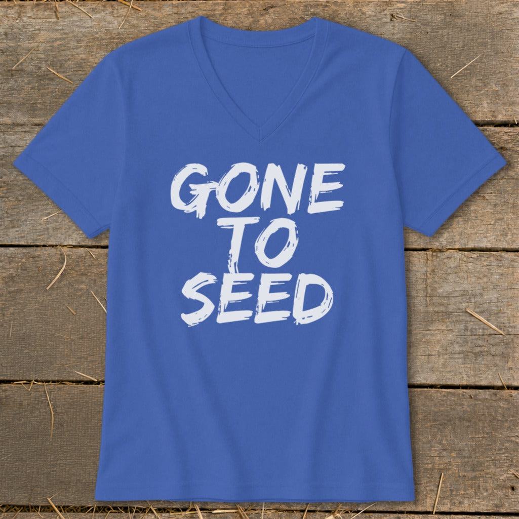 Blue v-neck t-shirt with white text "GONE TO SEED".