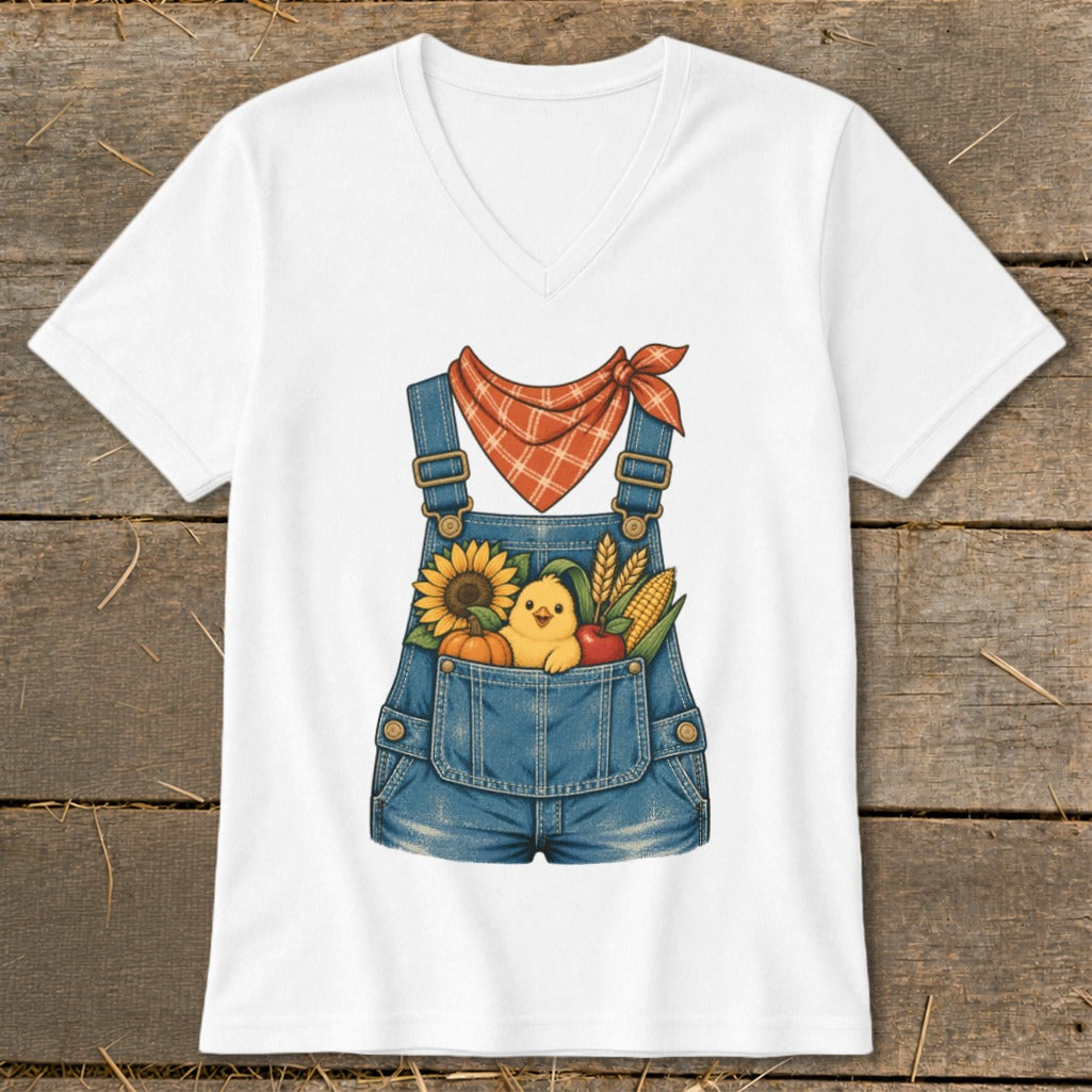 White t-shirt with denim overalls graphic featuring a chick and fall harvest items.