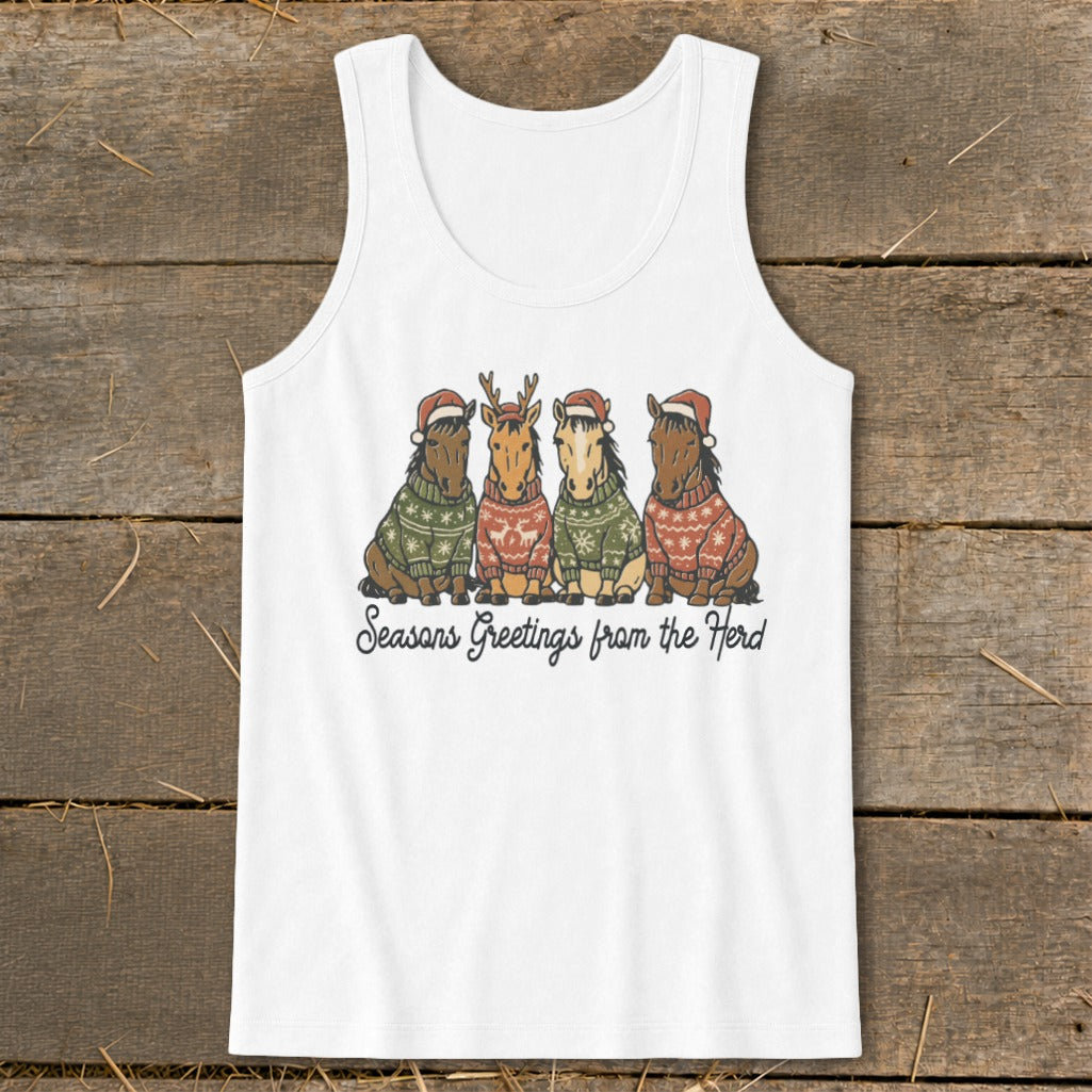 Four horses in festive sweaters and Santa hats with text "Seasons Greetings from the Herd".