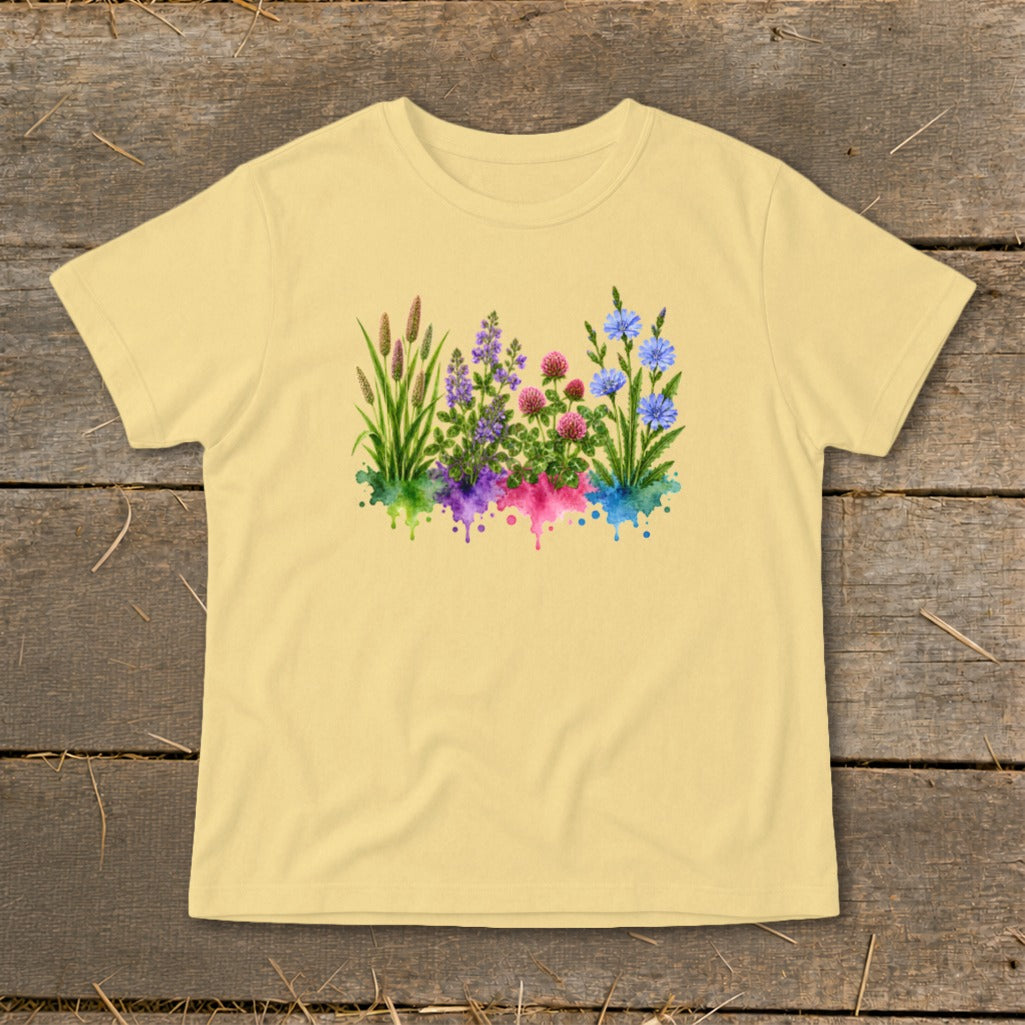 Pale yellow t-shirt featuring a watercolor illustration of colorful meadow flowers on a wooden background.