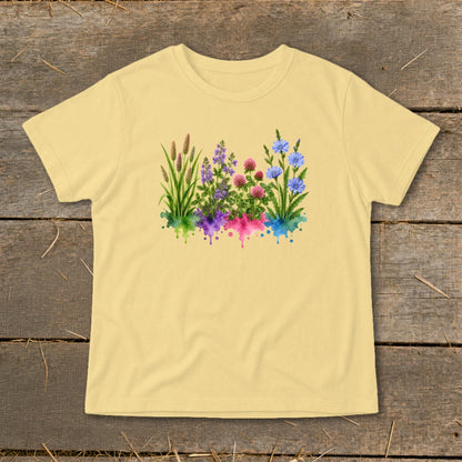Pale yellow t-shirt featuring a watercolor illustration of colorful meadow flowers on a wooden background.