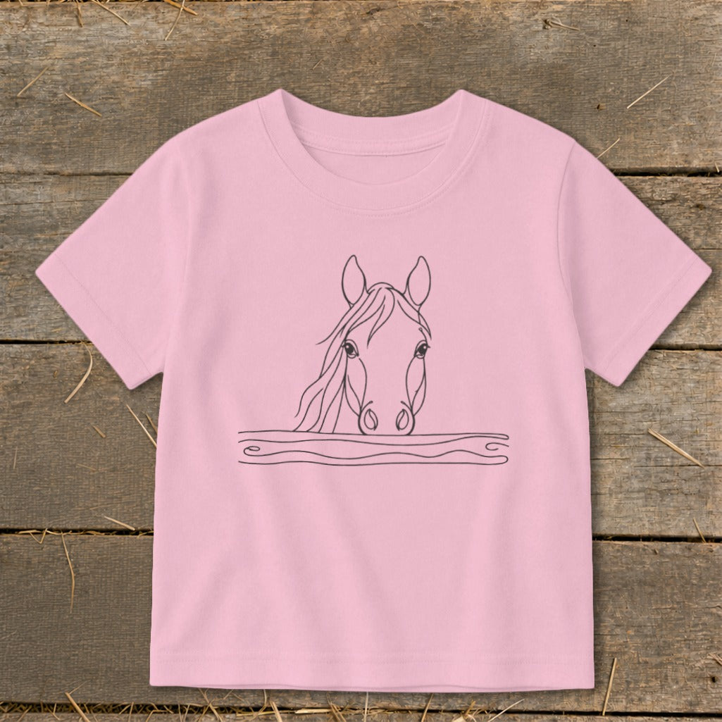 Pink t-shirt with a minimalist black line drawing of a horse's head.