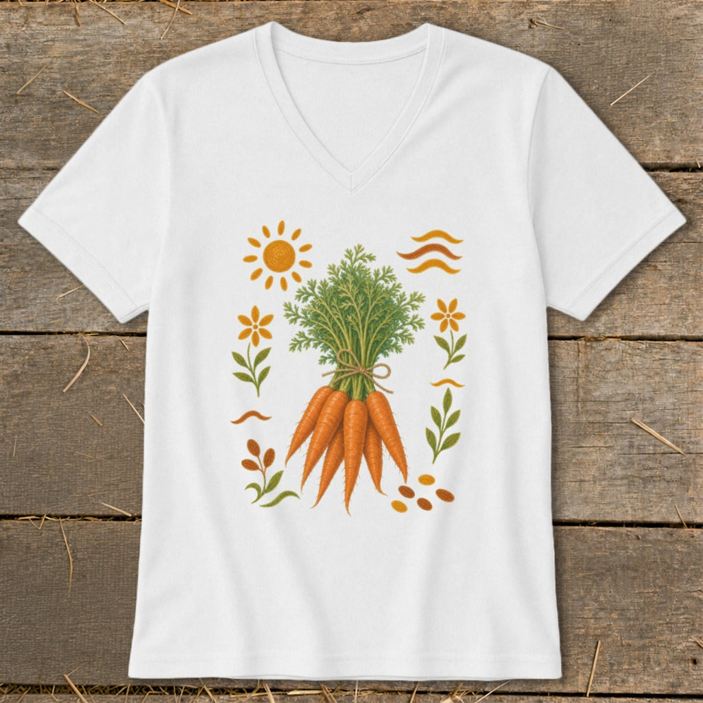 White t-shirt with a graphic of a bunch of carrots surrounded by sun, flowers, and leaves.