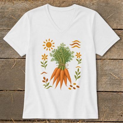 White t-shirt with a graphic of a bunch of carrots surrounded by sun, flowers, and leaves.