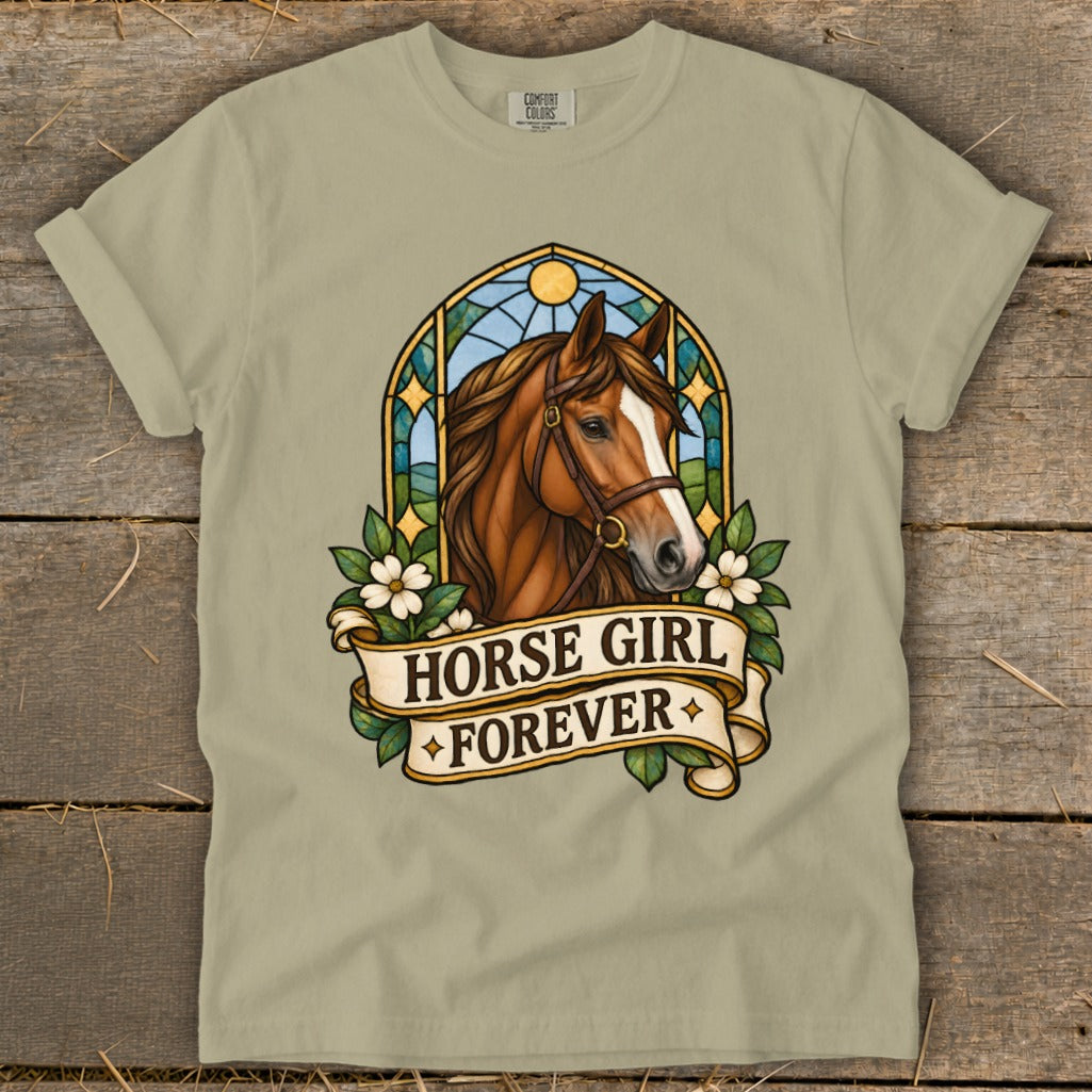 Brown horse head in arched stained glass with "HORSE GIRL FOREVER" banner.