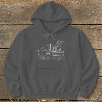 Dark grey hoodie with a sketch of a farm scene, including a barn and windmill.