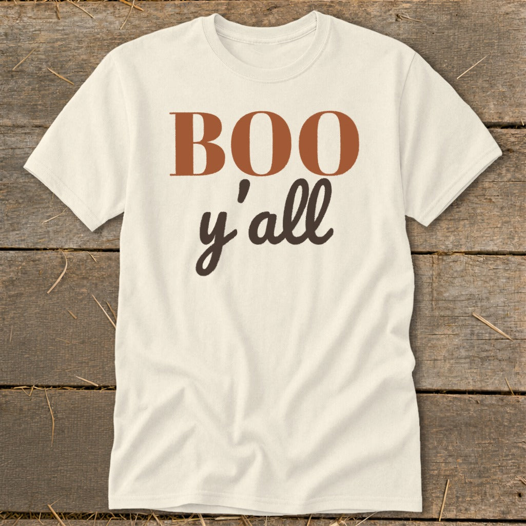 Cream t-shirt with "BOO y'all" text in brown and rust colors.