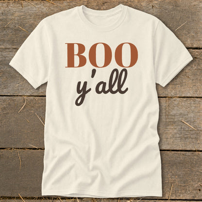 Cream t-shirt with "BOO y'all" text in brown and rust colors.