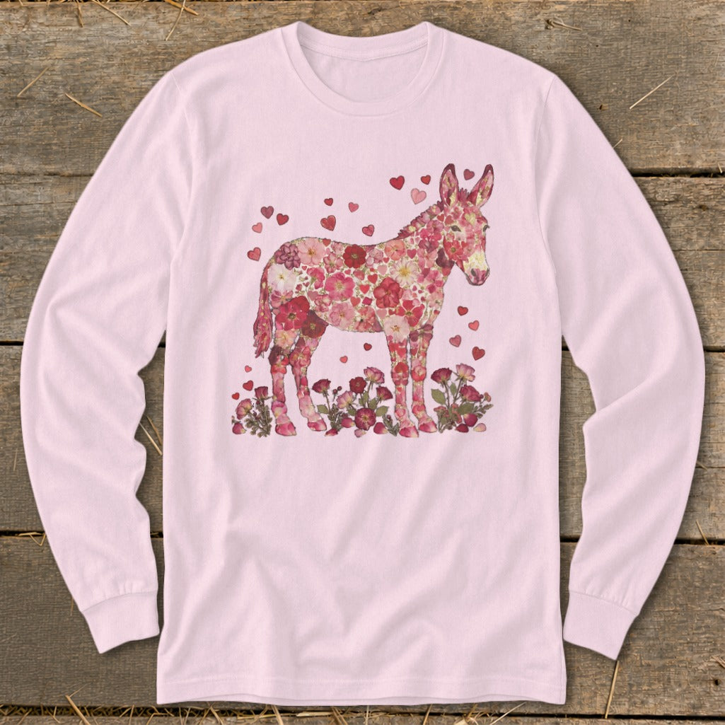 Pink long-sleeve shirt with a donkey made of pink flowers and hearts.