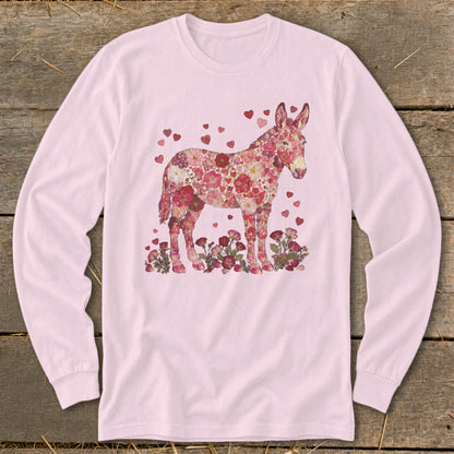 Pink long-sleeve shirt with a donkey made of pink flowers and hearts.