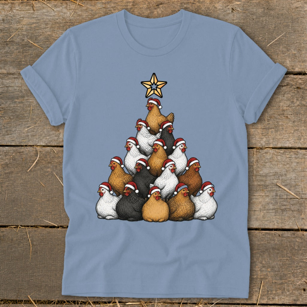 Flock of chickens wearing Santa hats form a Christmas tree topped with a star.