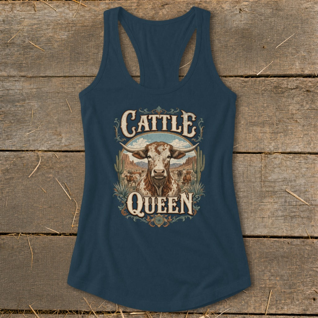 Navy tank top with "Cattle Queen" text and a longhorn bull graphic.