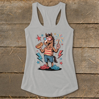 Horse in sunglasses holding hot dog and sparkler with fireworks and lightning bolts.