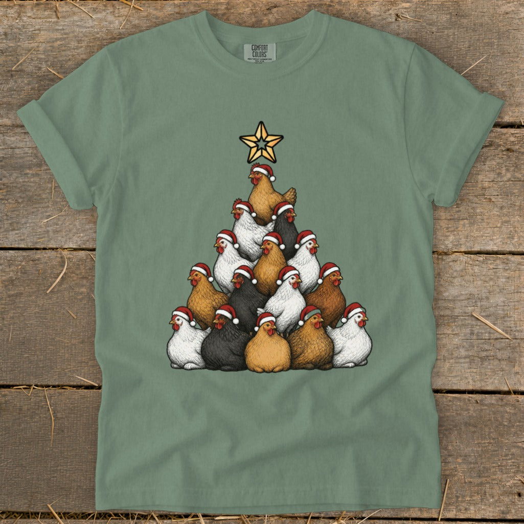 Christmas tree made of chickens wearing Santa hats with a star on top.