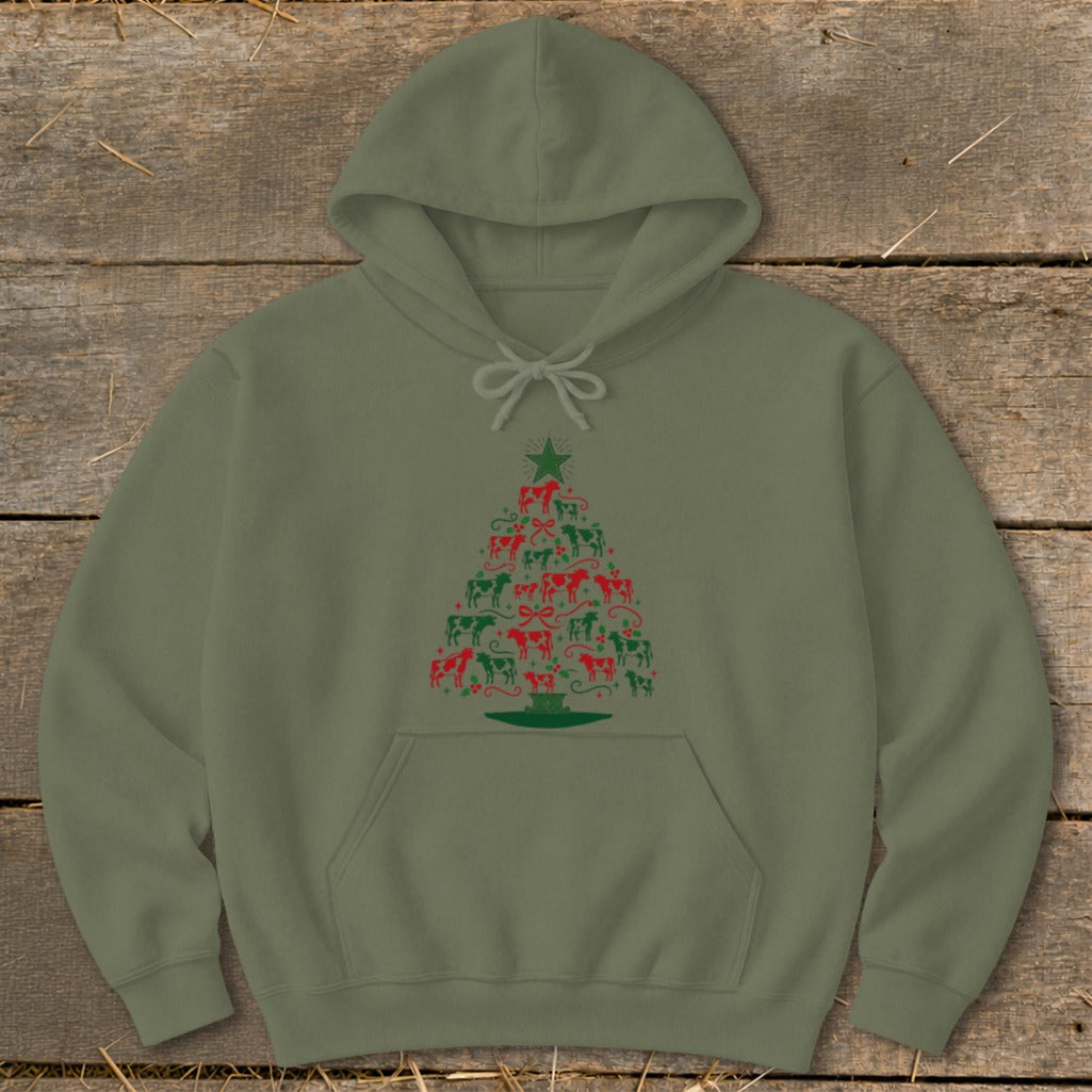 Olive green hoodie with a Christmas tree made of red and green cows.