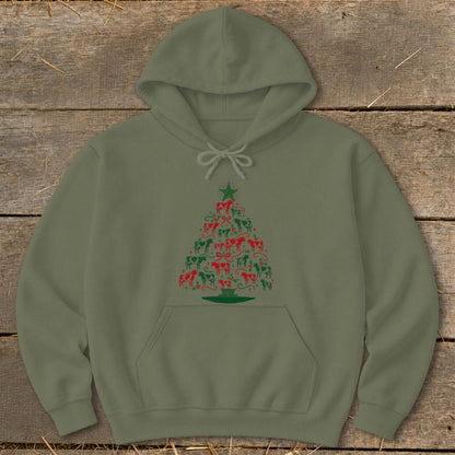 Olive green hoodie with a Christmas tree made of red and green cows.