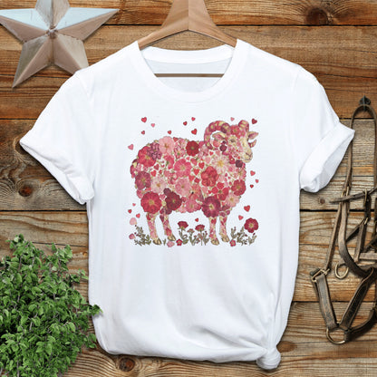 Floral Sheep Design with Hearts Graphic Tee Shirt