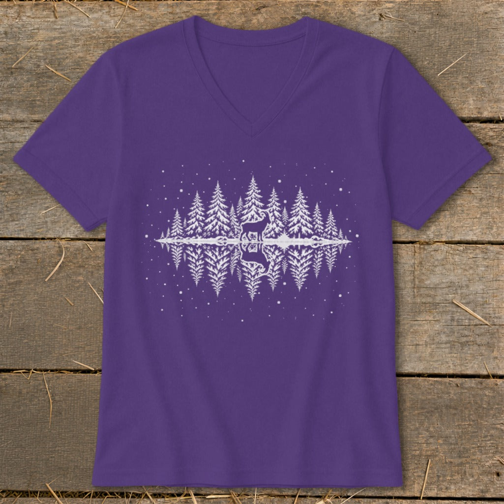Purple v-neck t-shirt with a white silhouette of a deer and pine trees reflected in water.