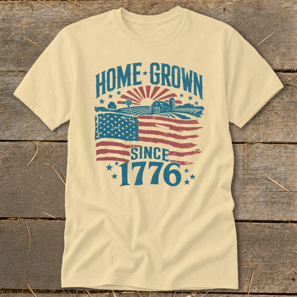 Cream t-shirt with "HOME GROWN SINCE 1776" text and a distressed American flag.