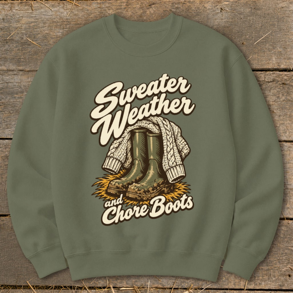 Sweater Weather and Chore Boots graphic with boots and knitted sweater on hay.
