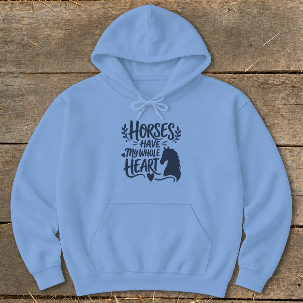 Light blue hoodie with "Horses Have My Whole Heart" text and horse silhouette.