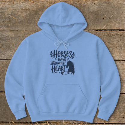 Light blue hoodie with "Horses Have My Whole Heart" text and horse silhouette.