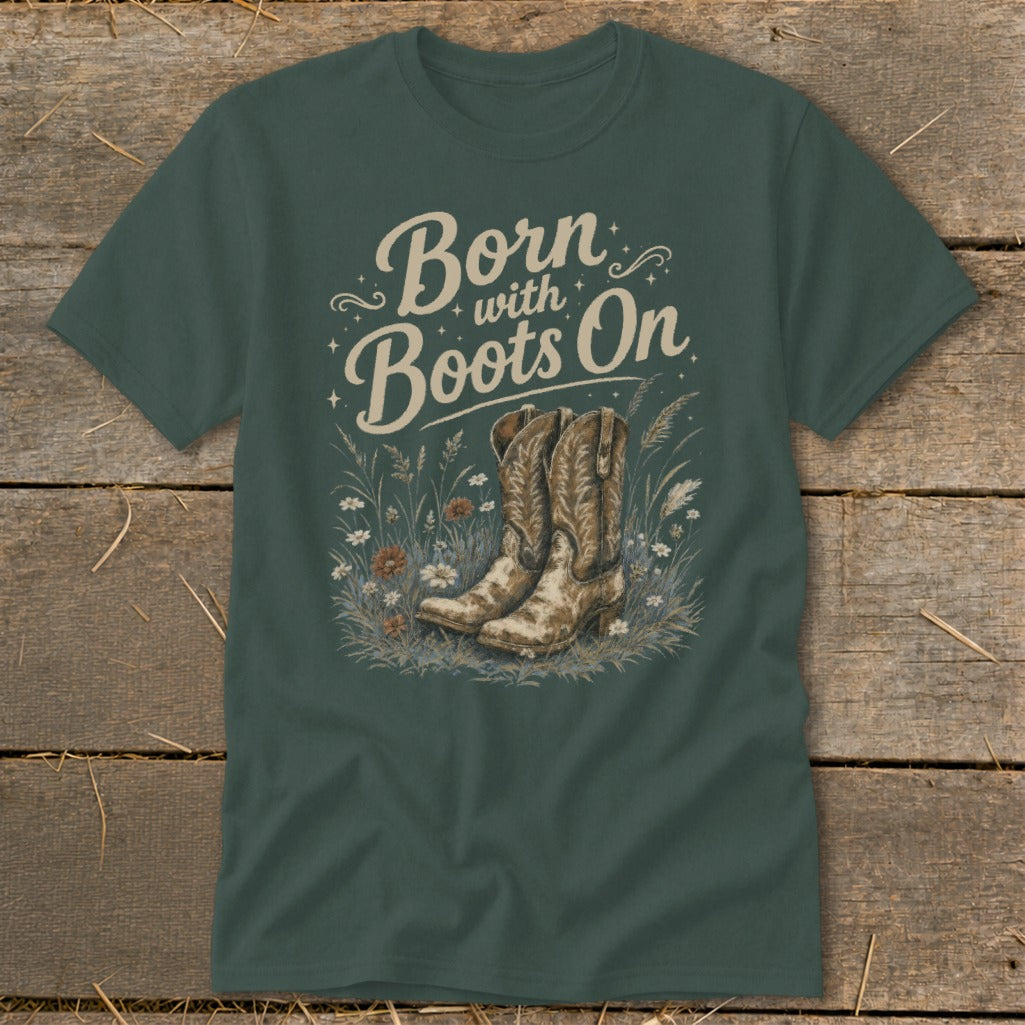 T-shirt with "Born with Boots On" text and cowboy boots illustration.